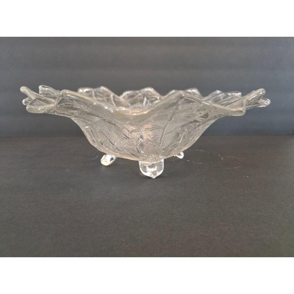 Scandinavian Ice Clear Cabbage Leaf  Glass 4 Footed Serving Bowl